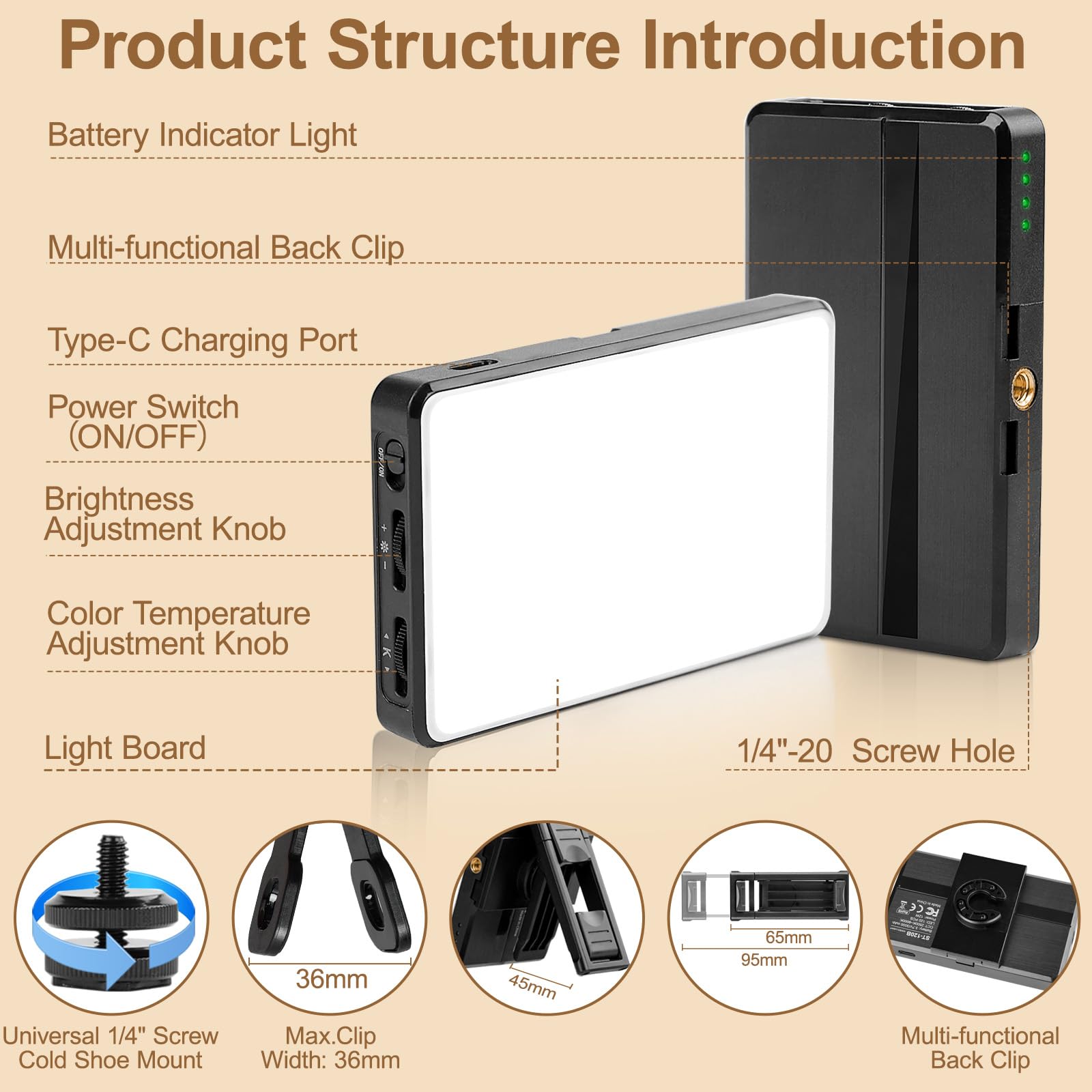Luce Selfie ST-120 LED Ricaricabile Con Clip Posteriore Per IPhone/Tablet - Batteria 3000mAh, Telecomando, 3 Modalità E 10 Livelli Di Luminosità - 3