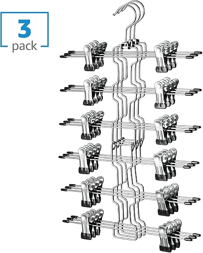 Miniatura 4 de ZOBER Paquete de 3 perchas para faldas de 6 niveles con clips, perchas para pantalones con clips que ahorran espacio, organización de armario