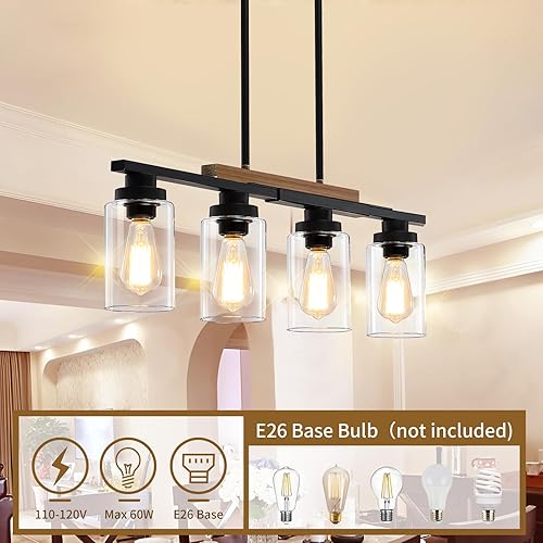 Miniatura 3 de Lámpara de comedor sobre mesa, iluminación de isla de cocina de 4 luces, modernos candelabros de madera para comedor con altura ajustable, luces