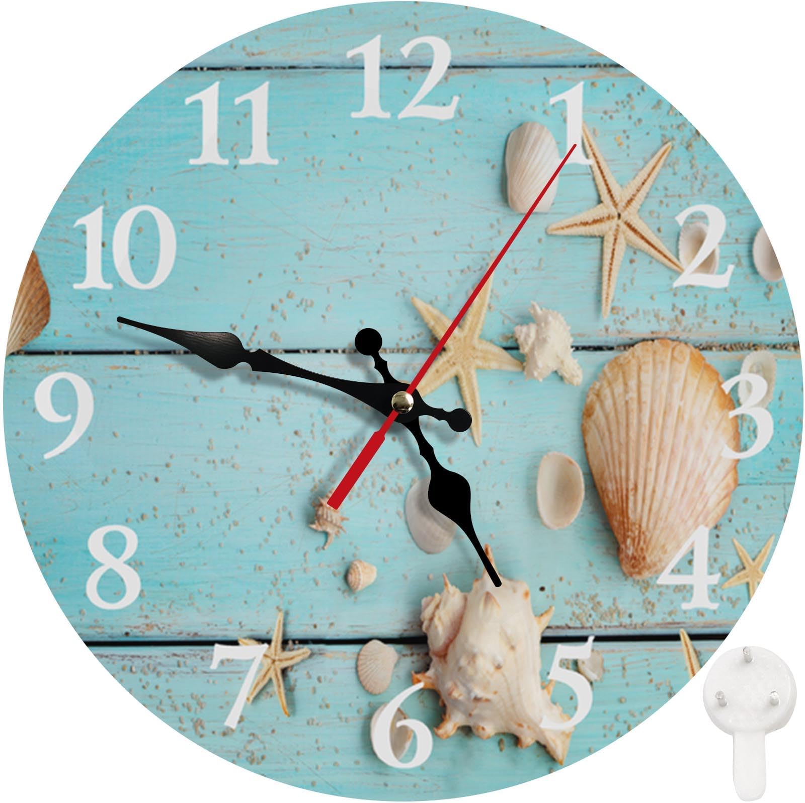 Britimes Round Wall Clock, Silent Non-Ticking Battery Operated Clock 10 Inch, Decor for Bathroom, Bedroom, Kitchen, Office or School Summer Beach Seashell