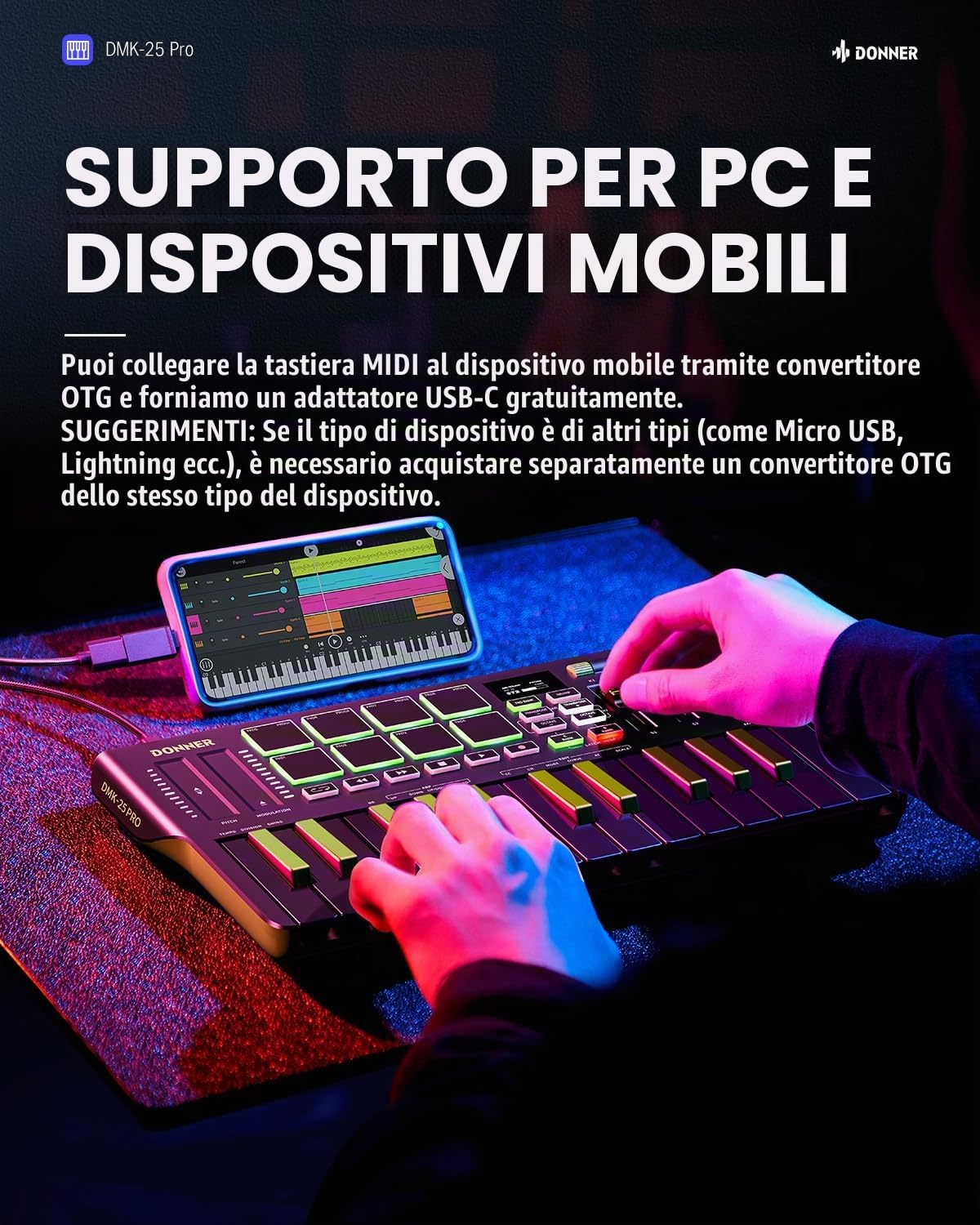 Donner DMK25 Pro - Controller MIDI per tastiera, 25 mini tasti, controller MIDI USB-C portatile con 8 drum pad, display OLED, touch bar personalizzato, software di produzione musicale e 40 corsi di