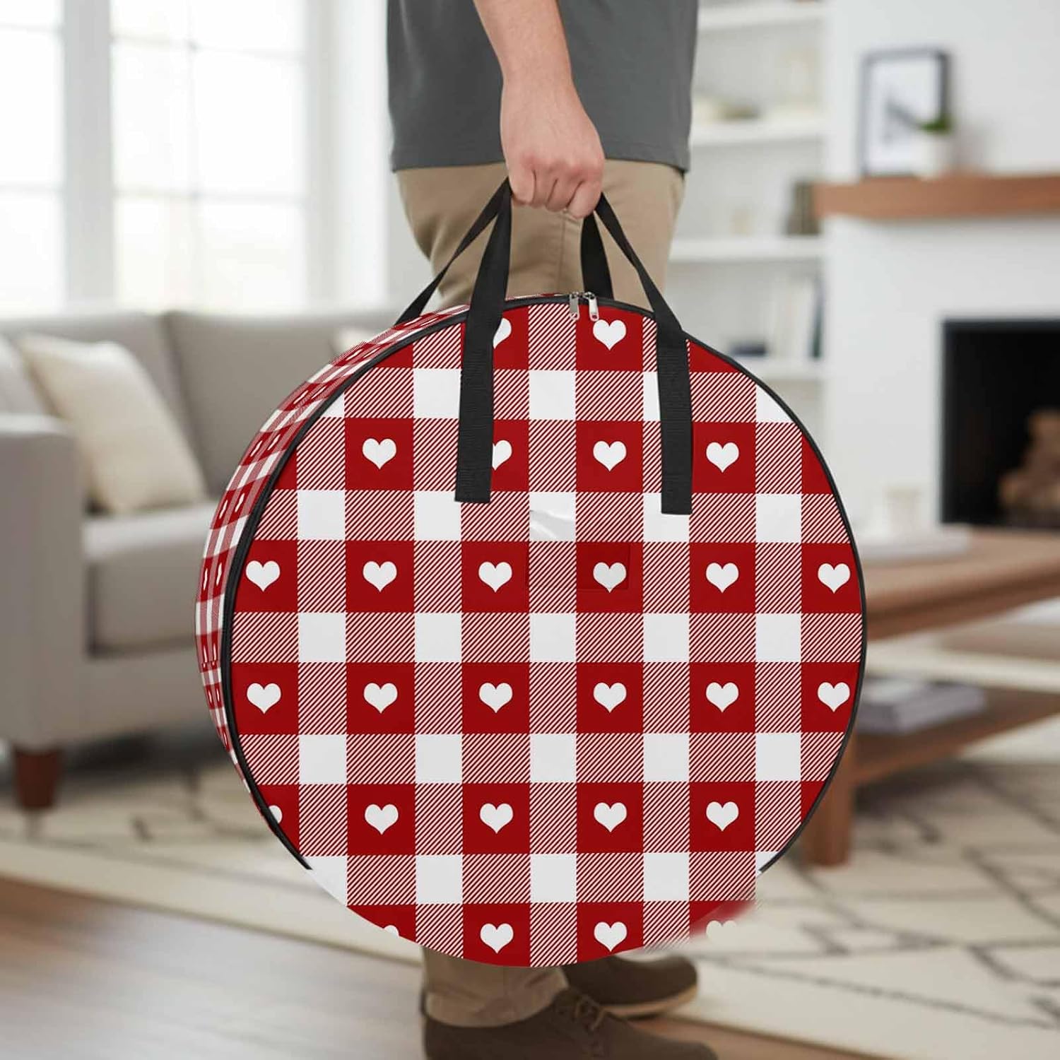 Valentine's Day Round Storage Bag 36 Inch, Romantic Love Heart Red White Plaid Clothes Storage Container with Handles Heavy Duty Organizer for Comforter, Bedding & Holiday Wreaths
