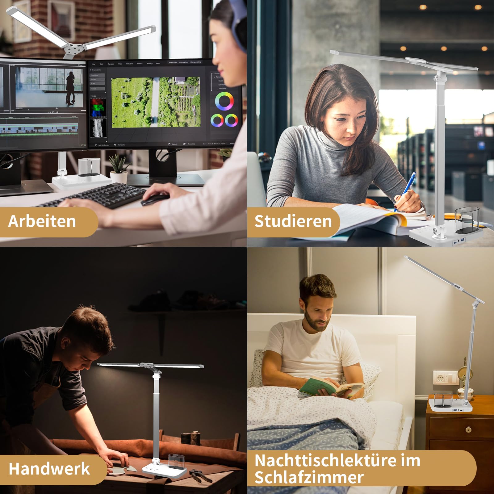 iVict Led-Schreibtischlampe, Doppelkopf, höhenverstellbar, dimmbare Nachttischlampe mit USB-Ladeanschluss, 5 Lichtmodi, Schreibtischlampen für Kinder, Touch Control zum Lesen, Basteln, Arbeiten