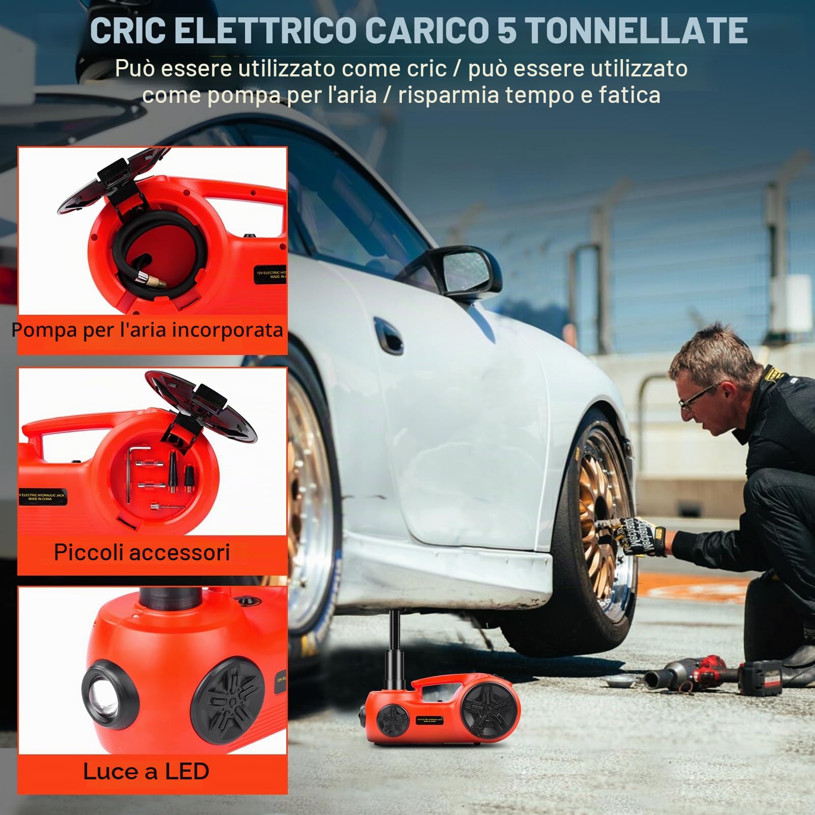 VOBOR Cric Elettrico per Auto, 5T Set di Martinetto Idraulico 12V con Pompa Gonfiabile e Luce LED, 150-450mm Sollevatore per Auto Pickup Emergenza Cambio gomme Garage Riparazione