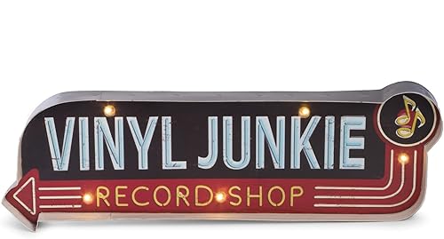 Miniatura 1 de Bey Berk Vinyl Junkie - Letrero de metal con luz LED, decoración de pared o decoración de mesa independiente para dormitorio, sala de estar, bar,