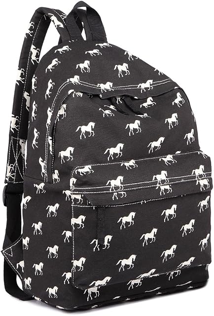 Kono School Bags for Boys and Girls Rucksack Canvas Horse Printing Backpack Students Teenagers Bookbag Casual Daypack (Black)