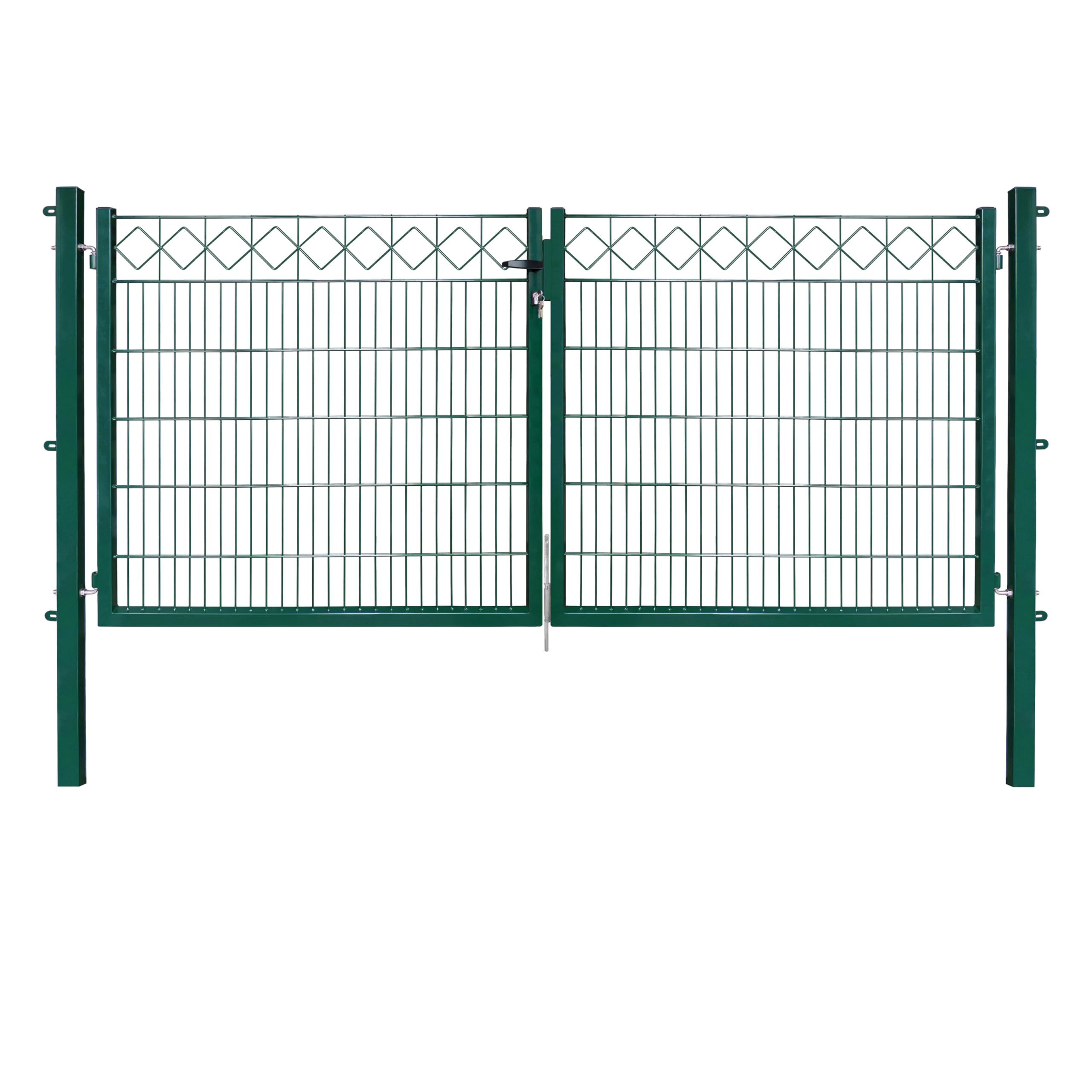 Dekor Doppeltore EXCLUSIVE in den Ausführungen Karo & Ring für Stabmattenzäune - Drahtstärke: 6/5/6 mm - mit Zierornamenten (KARO, Grün, B 300 x H 120 cm)