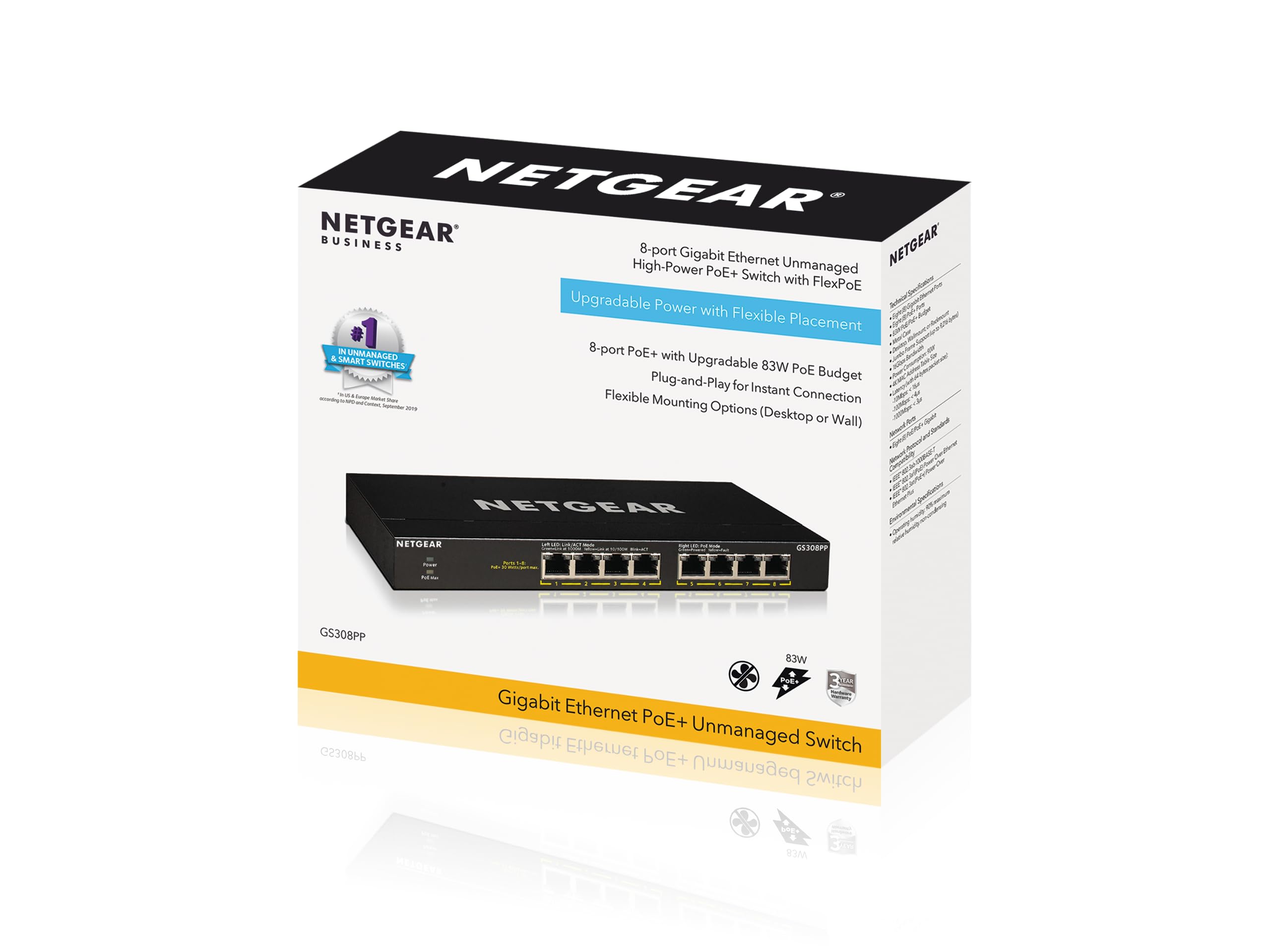 NETGEAR Switch Ethernet PoE 8 porte Unmanaged (GS308PP), Switch PoE Gigabit con 8 x PoE+ a 83 W, montaggio desktop o a parete