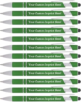 Express Pencils Modern Metallic Personalized Pens, Green, Ultra-Smooth Black Ink, Responsive Clip Action, Bright Finished Barrel, Capacitive Stylus Tip