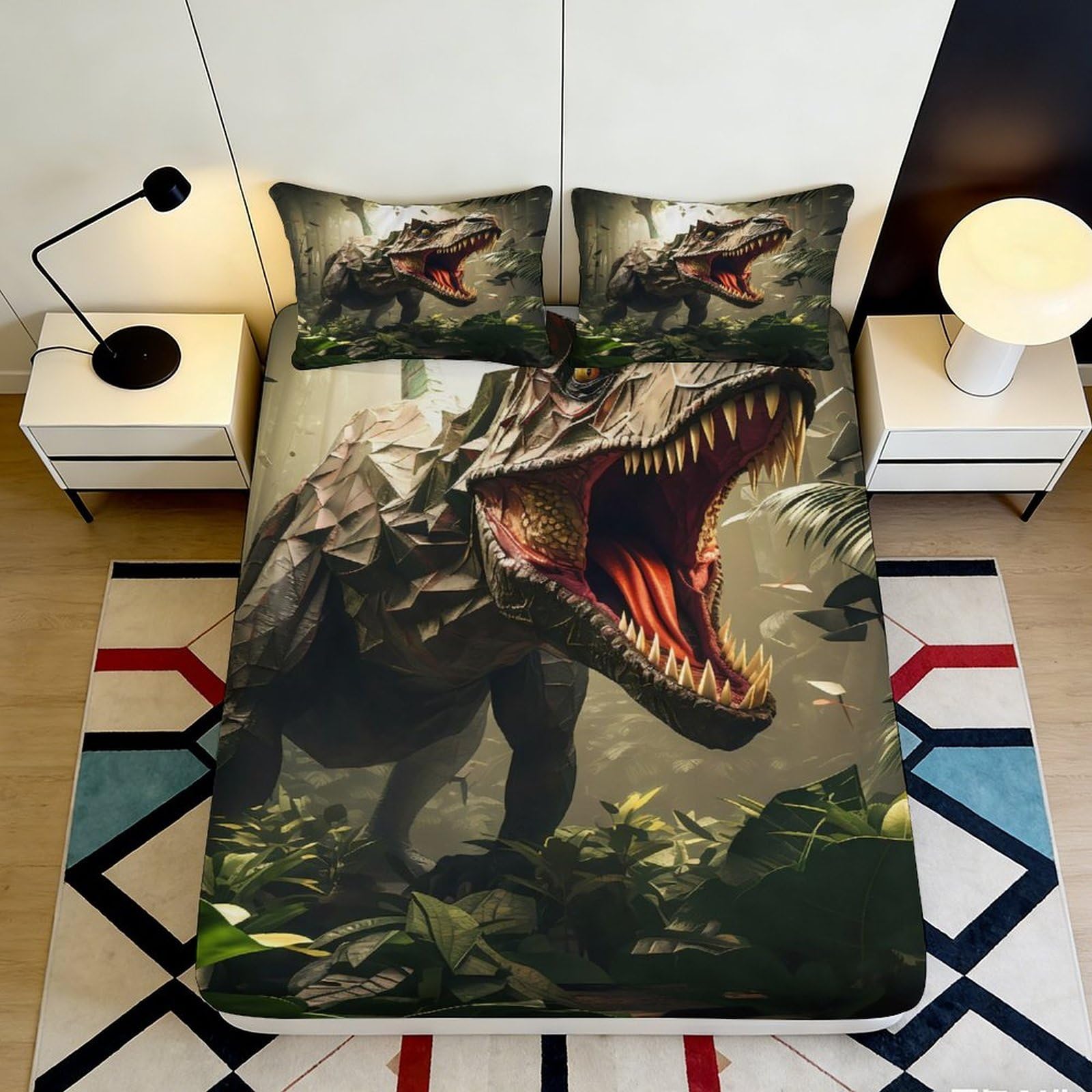 3D Printed Dinosaur Fitted Sheet Microfiber Soft Breathable Jurassic Bed Cover for Bedroom Dorm Dormitory Guest Room Mattress Protection 90x200x25cm