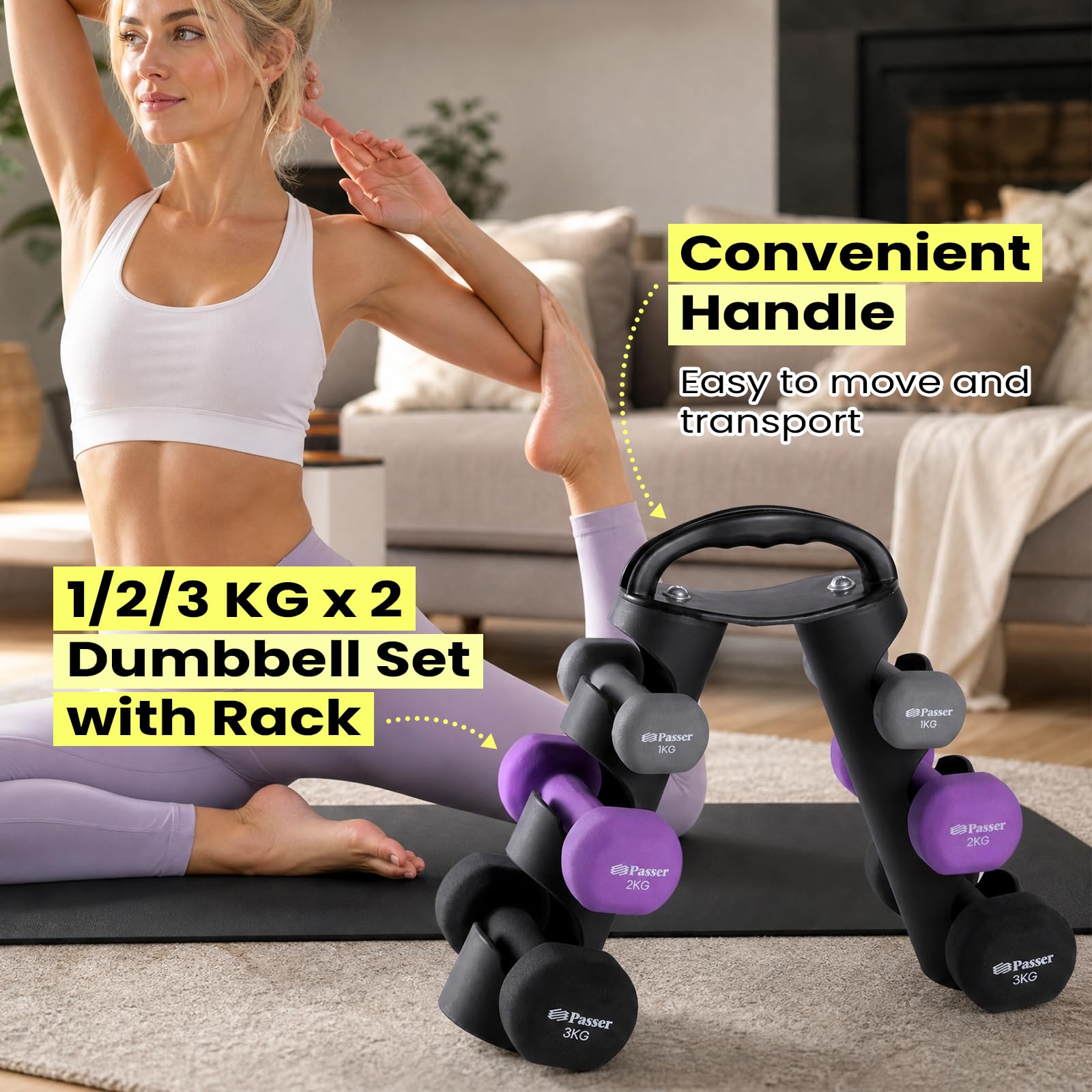 Neopren Hanteln Set mit 3-Tier Ständer, inkl. 2 × 1 kg, 2 × 2 kg, 2 × 3 kg, Hanteln Frauen Männer, Hantelset Kleine Kurzhantelset Gewichte Hantel für Damen - Krafttraining, Fitnesstraining, Gym