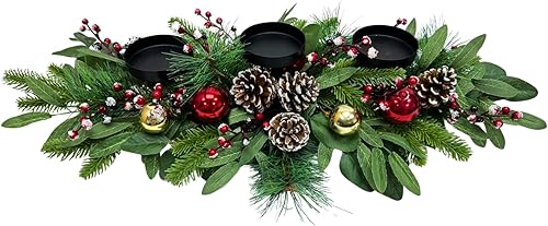 Miniatura 2 de Portavelas de Navidad, decoración de Navidad, 3 portavelas con piñas flocadas de nieve, ramas de cedro, agujas de pino, bayas, adorno de hojas de