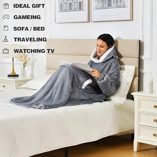 Miniatura 5 de Manta con capucha para mujeresniñoshombres, manta de gran tamaño y acogedora sudadera con capucha con forro de sherpa