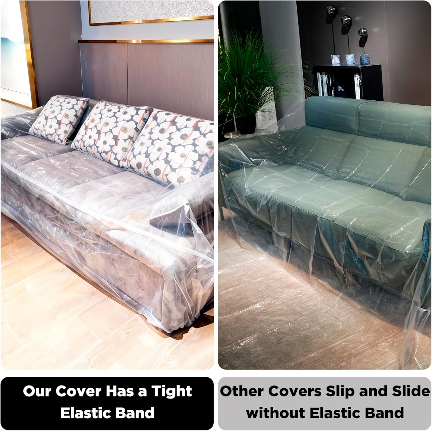 2 Pack Plastic Couch Cover Furniture Cover with Elastic Band, Clear Sofa Cover Protector for Moving and Storage, Waterproof & Dustproof Moving Bags for Couch Slipcover 92W x 42D x 42H Inches