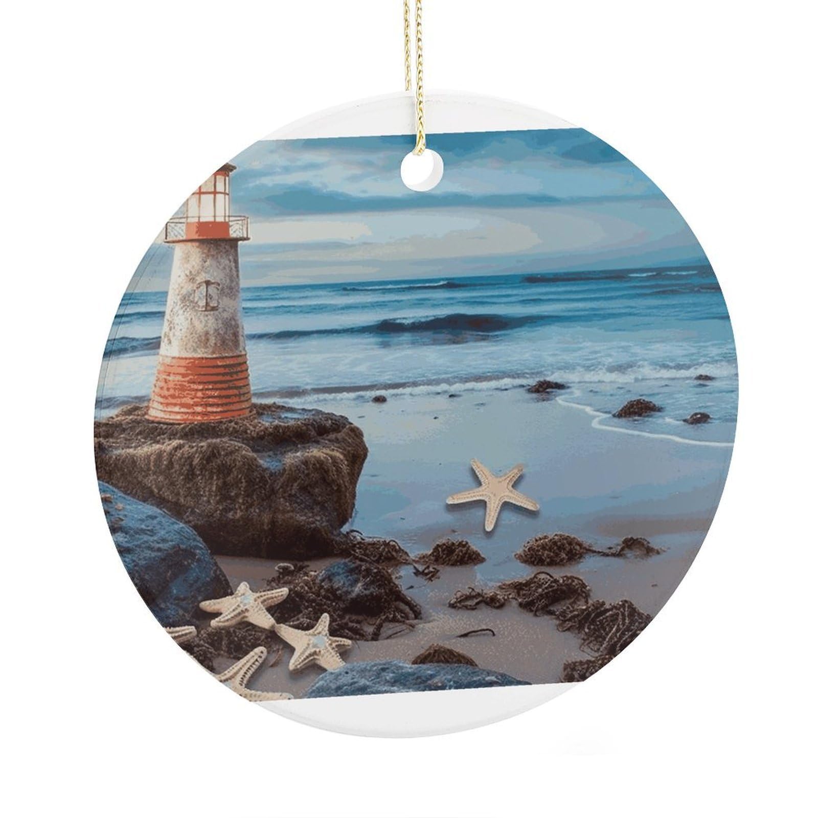 Adfgyerh Style Starfish Lighthouse Beach Ceramic Circular Pendant,2.9 Inch，Hanging Ornament，Gift Exchange Idea Round Ceramic Ornament,For Mom And Daughter，For Home Indoor Outdoor Decor.