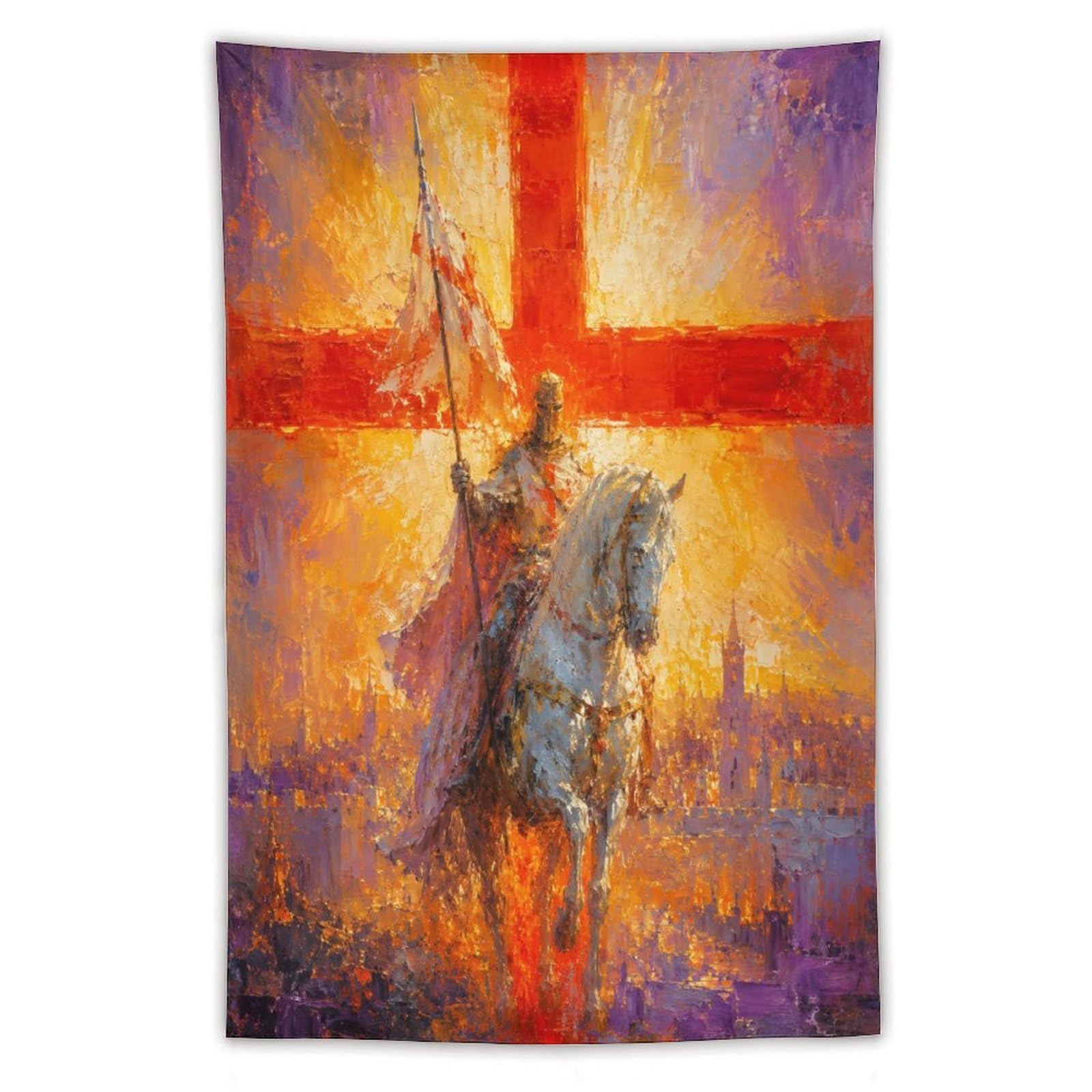 W7C8U2X3 Crusader Knight Wall Tapestry, Medieval Illustration, Backdrop