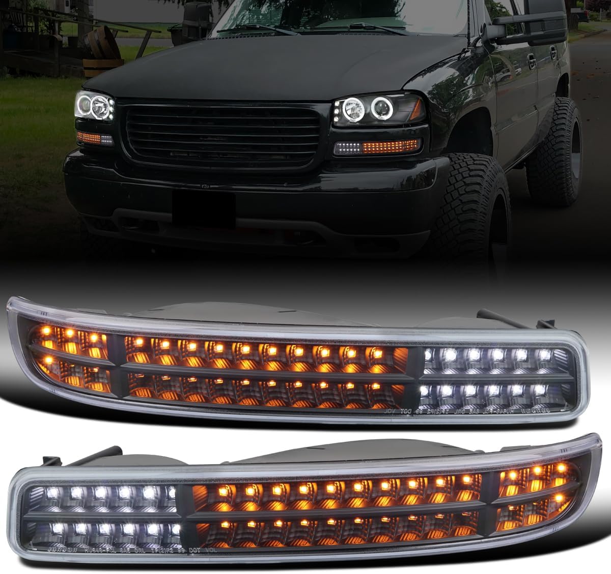 Ronnin - Fits 1999-2007 GMC Sierra Classic Yukon XL Upgraded Replacement Full LED Bumper Lights Sequential Turn Signals Assembly Pair | Black