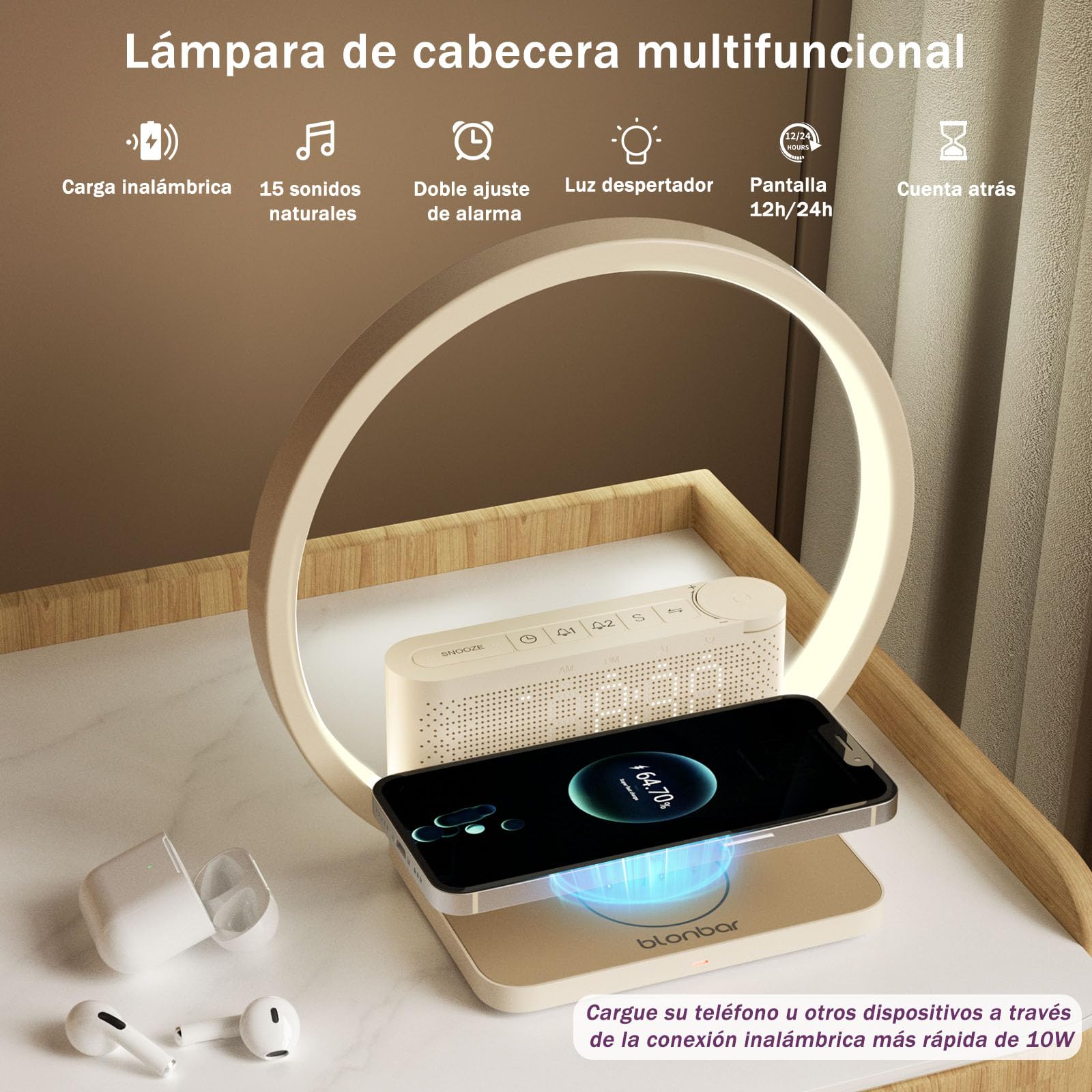 blonbar Lámpara de mesilla de noche con despertador iluminado, luz para despertarse, cargador inalámbrico de 10 vatios,3 niveles de brillo atenuación táctil, música, ayuda para dormir en el dormitorio
