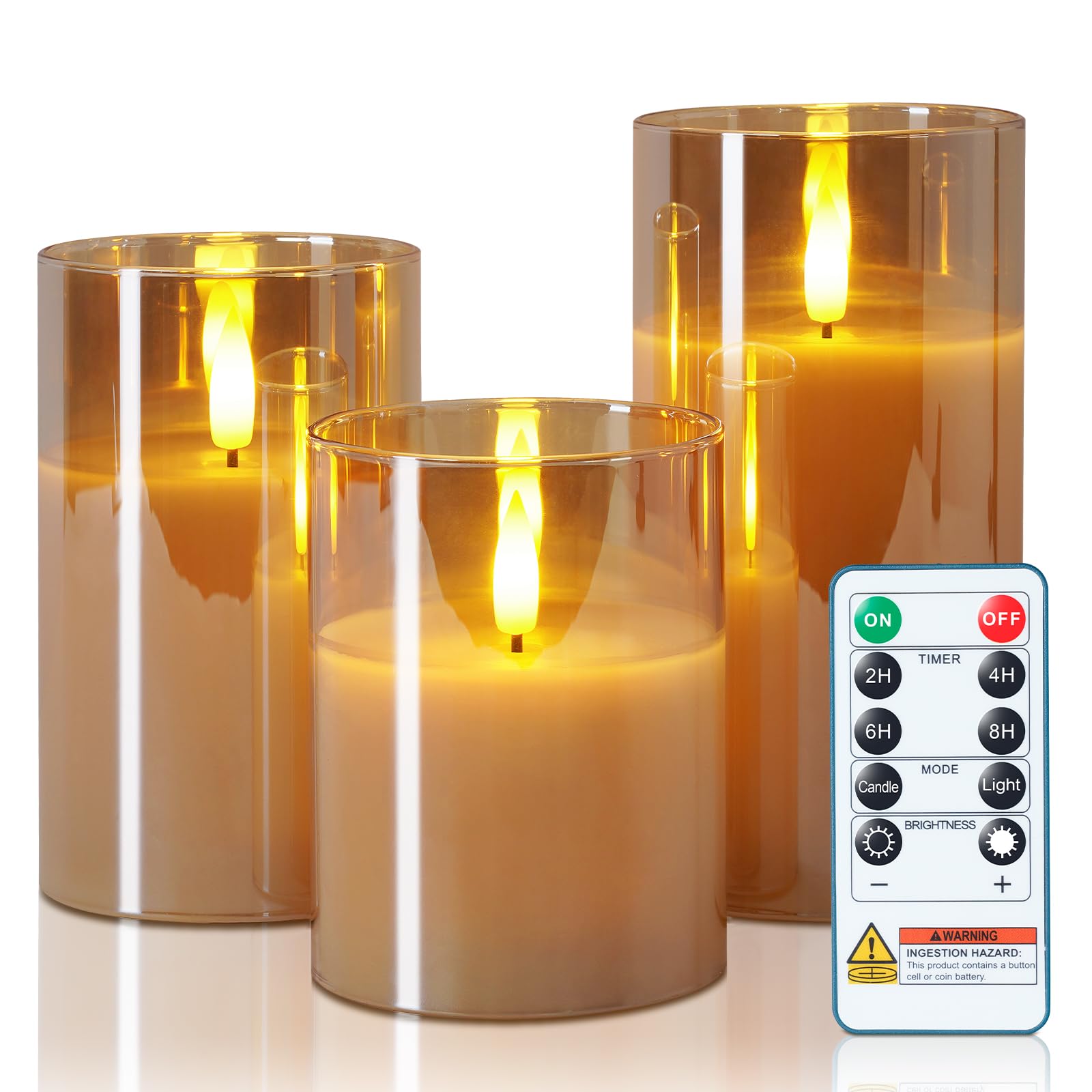5plots Set di 3 candele a LED senza fiamma, con timer a distanza, in vera cera, luce tremolante calda per interni, Halloween, decorazioni natalizie, diametro 3 x altezza 12,7 cm, 15,2 cm
