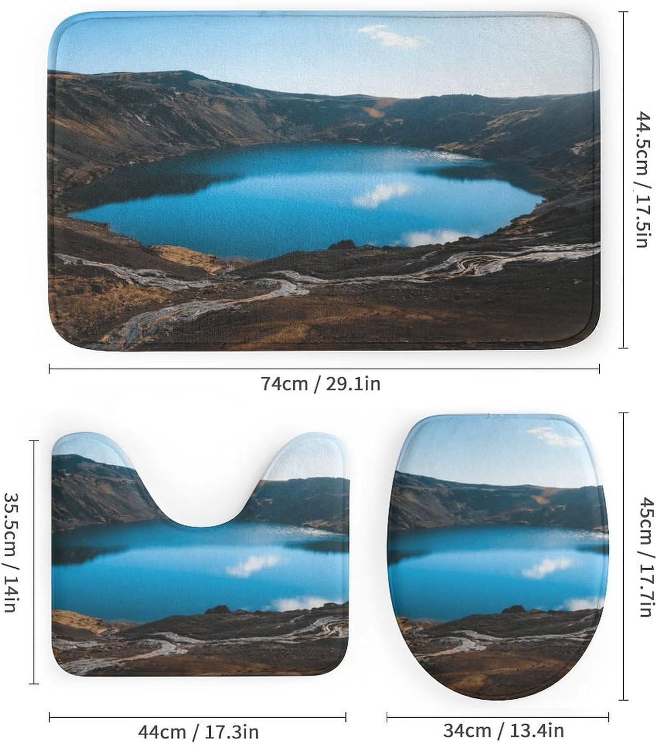 Crater Lake Bath Rug Set 4 Piece,Bathroom Accessories Set-Toilet Rugs U Shaped,Toilet Lid Cover,Shower Curtain and Rugs,Ultra Soft, Absorbent,Home Decor