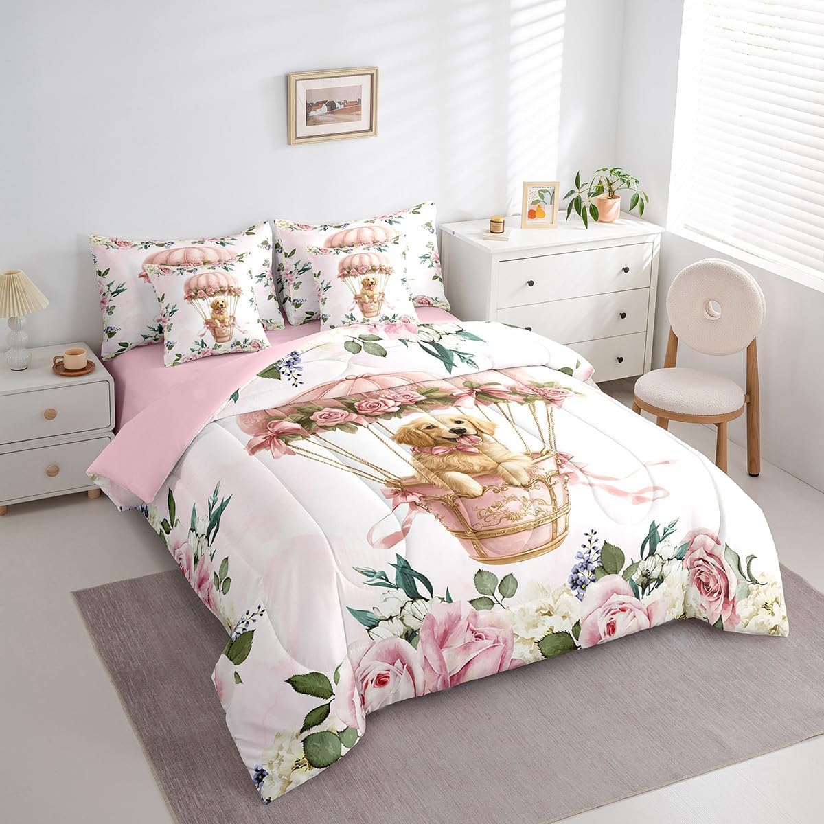 7 Pieces Golden Retriever Kids Comforter Queen,Pink Bowknot Hot Air Balloon Dreamy Bedding Set,Rose Flowers Princess Bow-tie Cartoon（Comforter+Fitted+Flat Sheet+2 Pillowcases+2 Throw Pillow Covers）
