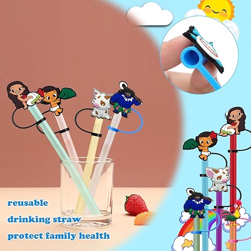 Miniatura 5 de Fundas de paja de dibujos animados, 9 unidades, reutilizables, lindas puntas de popote con adornos a prueba de polvo para popotes de 6 a 0.315 in,
