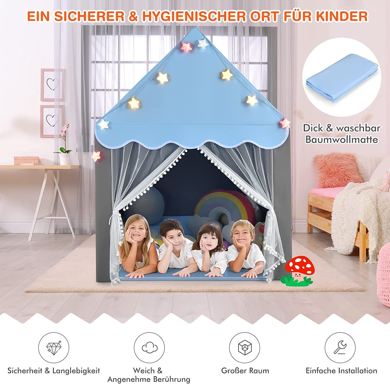DREAMADE Kinderspielzelt Spielzelt für Kinder mit gepolsterter Decke und Lichterkette, Kinder Spielhaus mit Netzvorhang und Fenstern, Kinderzelt für Jungs & Mädchen, für Indoor und Outdoor (Blau)