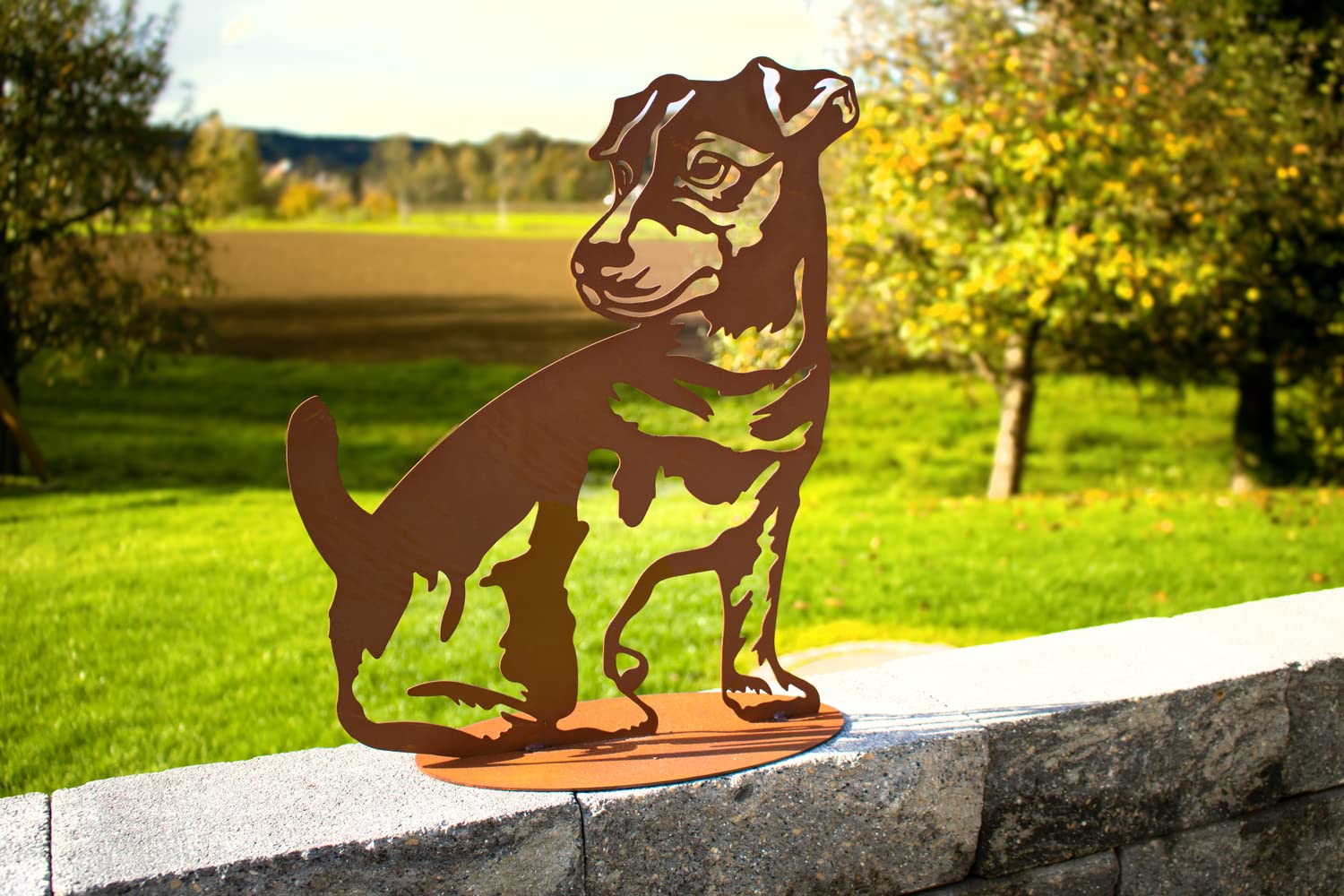 Rostfigur Hund Jack Russell Rocco auf Standplatte - Dekofigur im Rost Design, Gartendeko, Metalldeko
