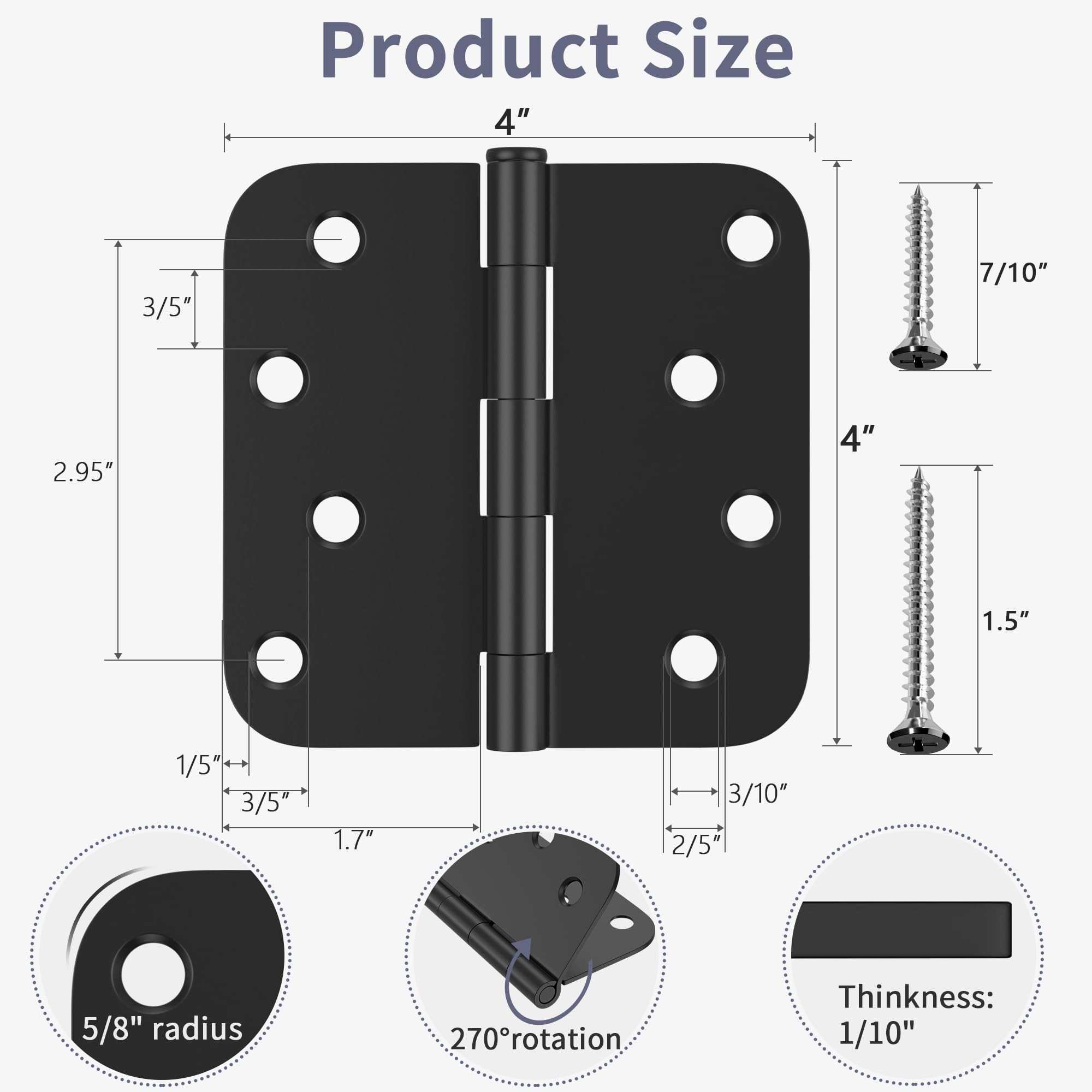Paquete de 6 bisagras de puerta de 4 pulgadas, bisagras negras mate con radio de 5/8 pulgadas y esquinas cuadradas, pasador extraíble, bisagras de puerta exterior, perfectas para puerta delantera y