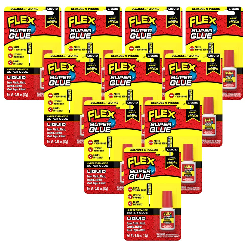 Flex Super Glue Liquid, 10 Gram Brush-On Bottle, 10-Pack, Clear, Instant Bond, Quick Dry, Cyanoacrylate Adhesive, Precision Brush for Wood, Metal, Plastic, Crafts, Ceramic, and Toy Repairs