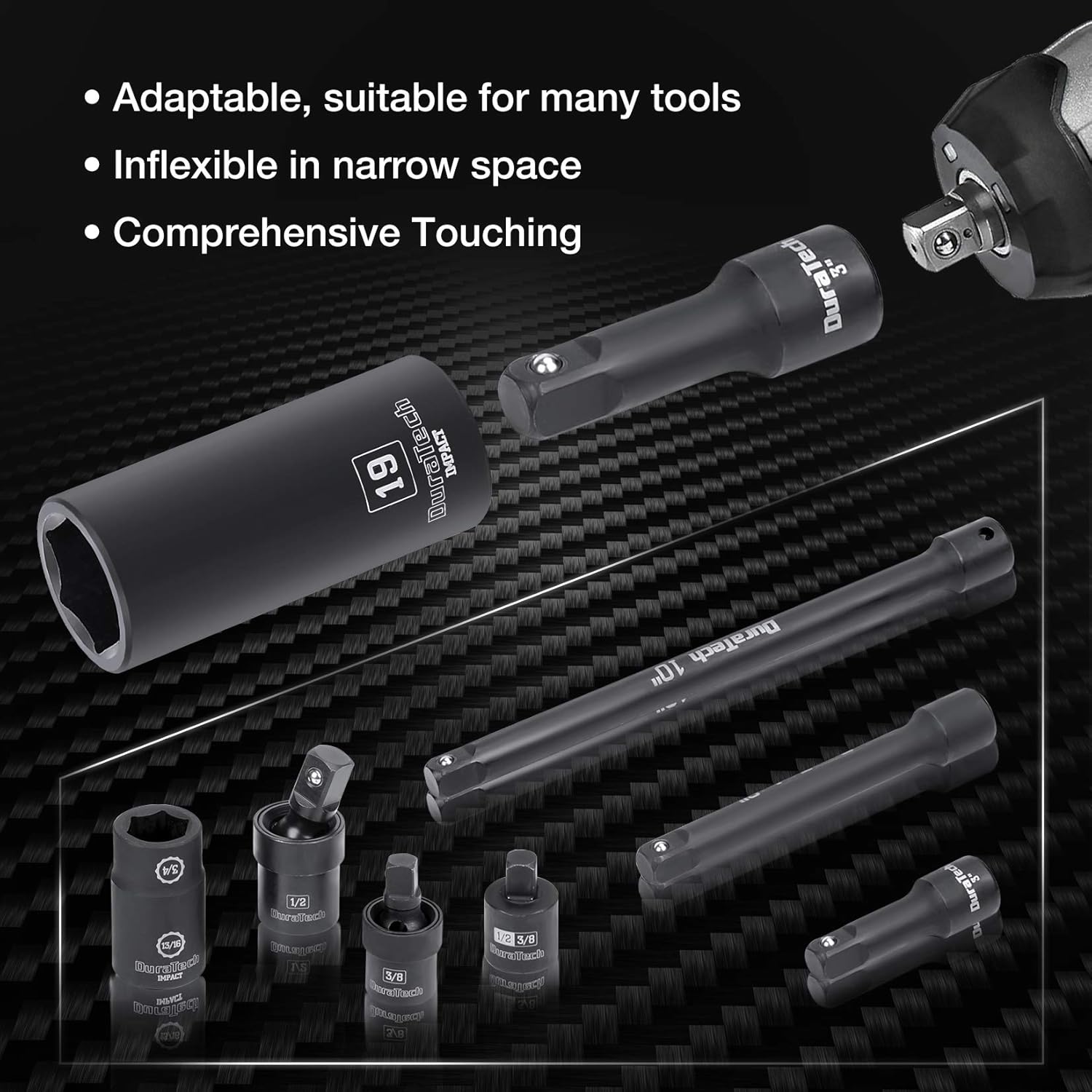 Various DURATECH impact tools including sockets, extension bars, and adapters.
