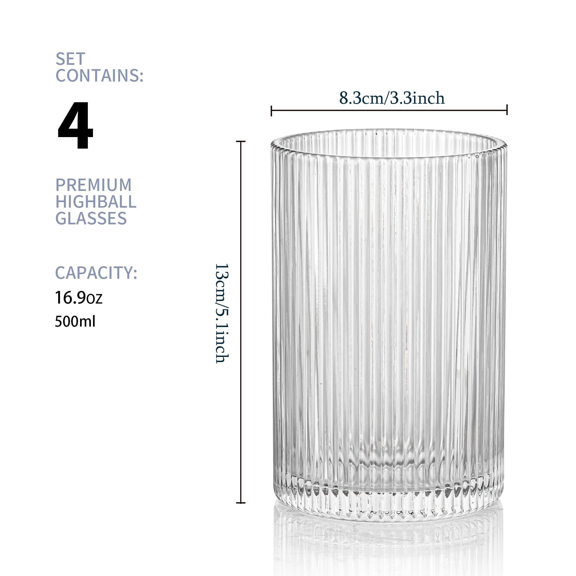 Juego de cristalería acanalada vintage: 4 vasos XL de 16.9 onzas, vasos ondulados acanalados, estilo origami, cristalería elegante para whisky, cóctel, café helado, jugo, cerveza, refrescos