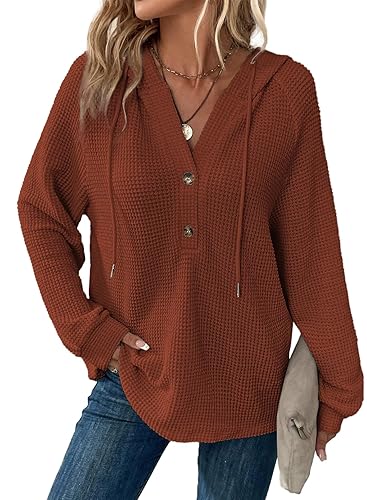 Hoodies for Women Waffle Knit Long Sleeve Drawstring Button V