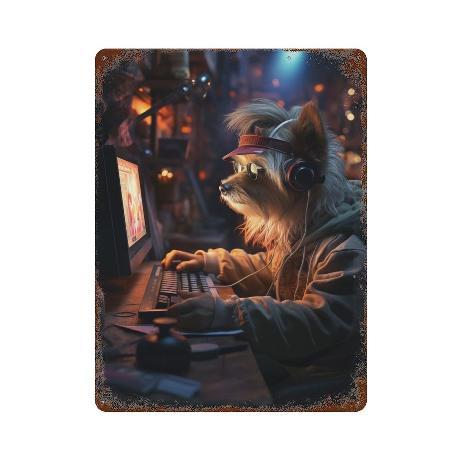 Gaming Hippie Dog Rusty Metal Tin Sign 15.7"x11.8", Industrial Home Decor for Garage, Pub Or Kitchen