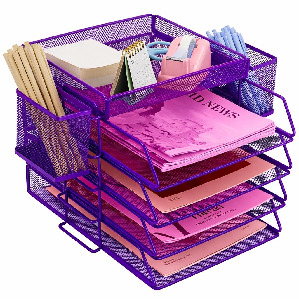 ideallife Letter Trays Stackable with Top Stationery Holder, 4-Tier Metal Desk Organizer Tray, Paper Filing Tray for Office Supplies - Purple