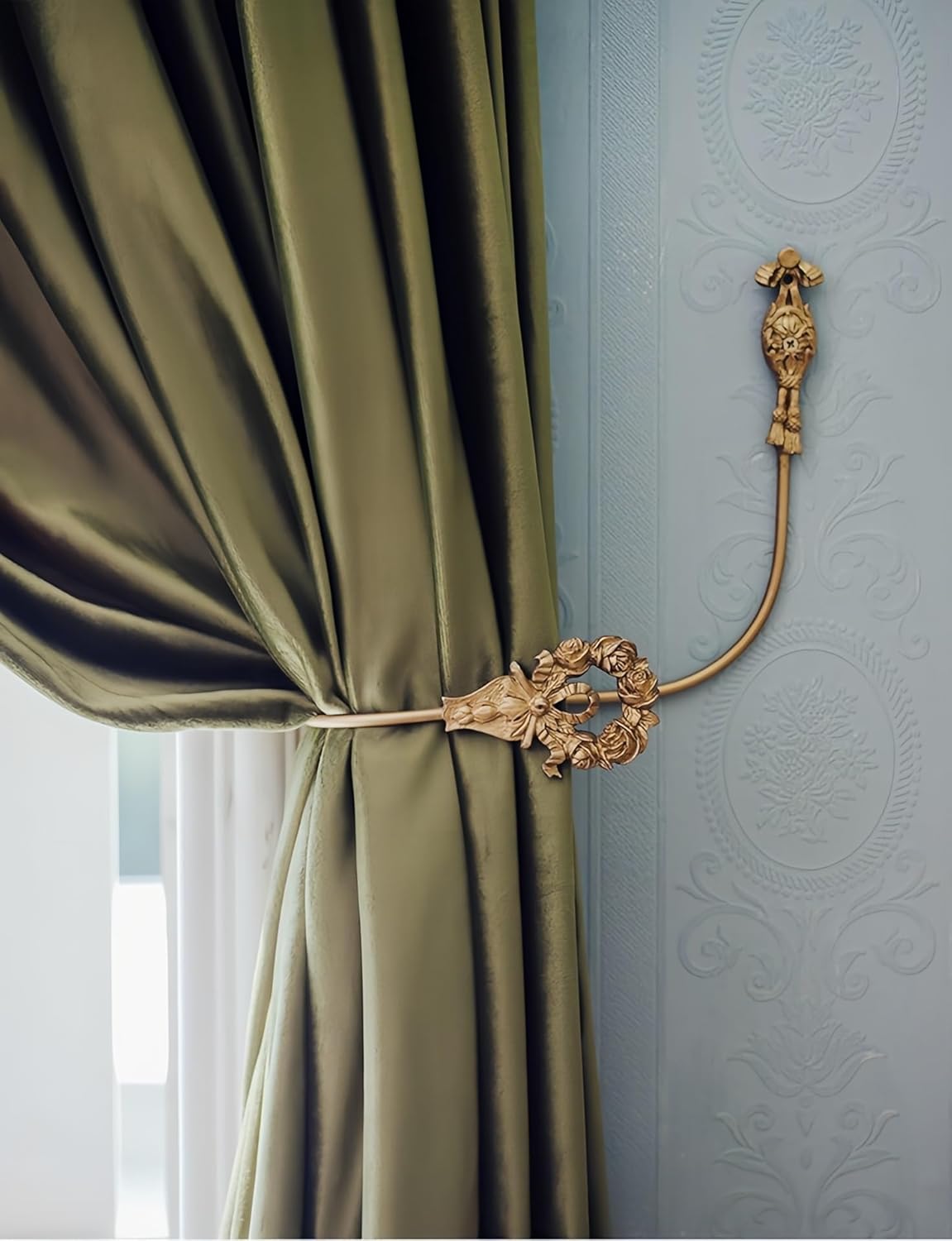 Set of 2 Decorative Window Curtain Holdbacks,Gold Metal Wall Hooks Decoration for Curtains,Curtain Tiebacks for Living Room Bedroom (Gold 1)