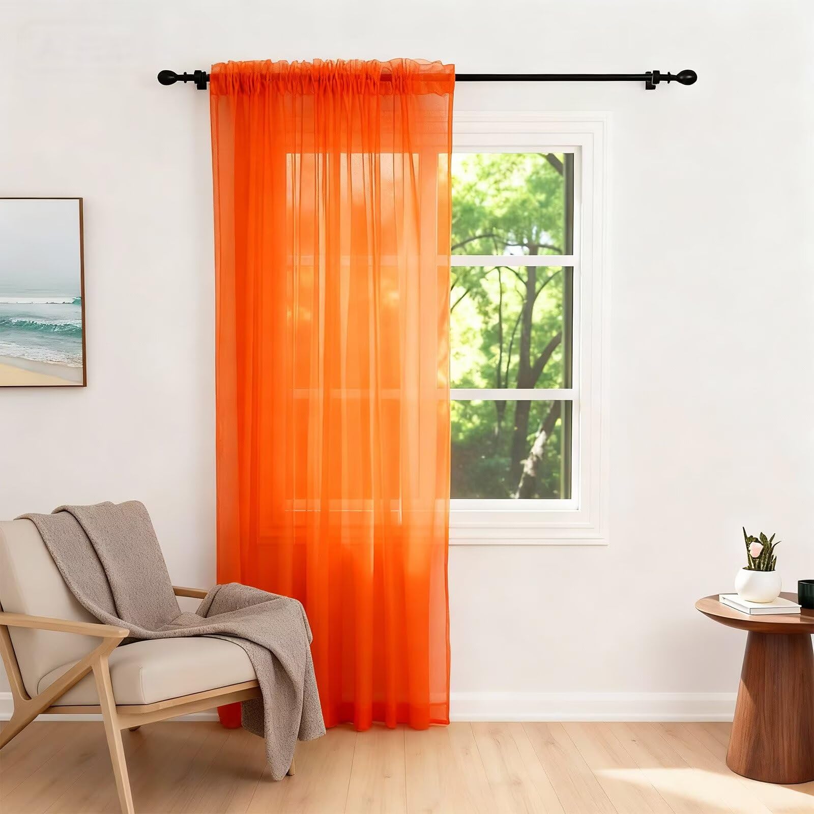 Zdada Orange Net Curtains For Windows 84 Drop, Slot Top Voile Curtains, Semi Transparent Sheer Curtain Net Curtain Panel For Living Room Kitcken W60xl84 Inch,1 Panel