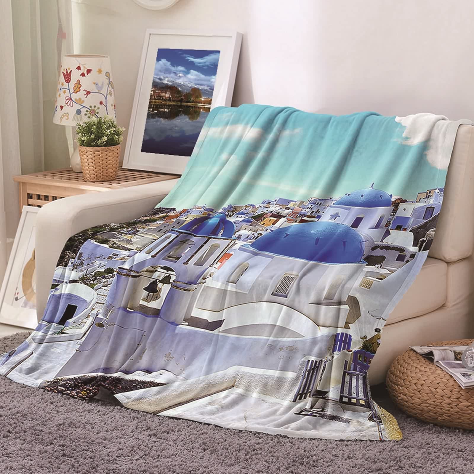 Plaid polaire en flannel 180x240cm KnSam couverture chaude lit jeté de canapé bleu et blanc