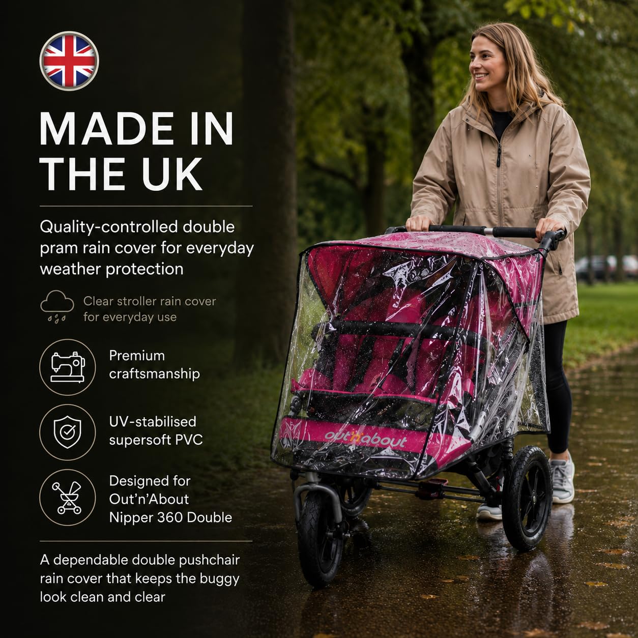 Parapioggia per out 'N About Nipper 360 doppio, SUPERSOFT Made in the UK