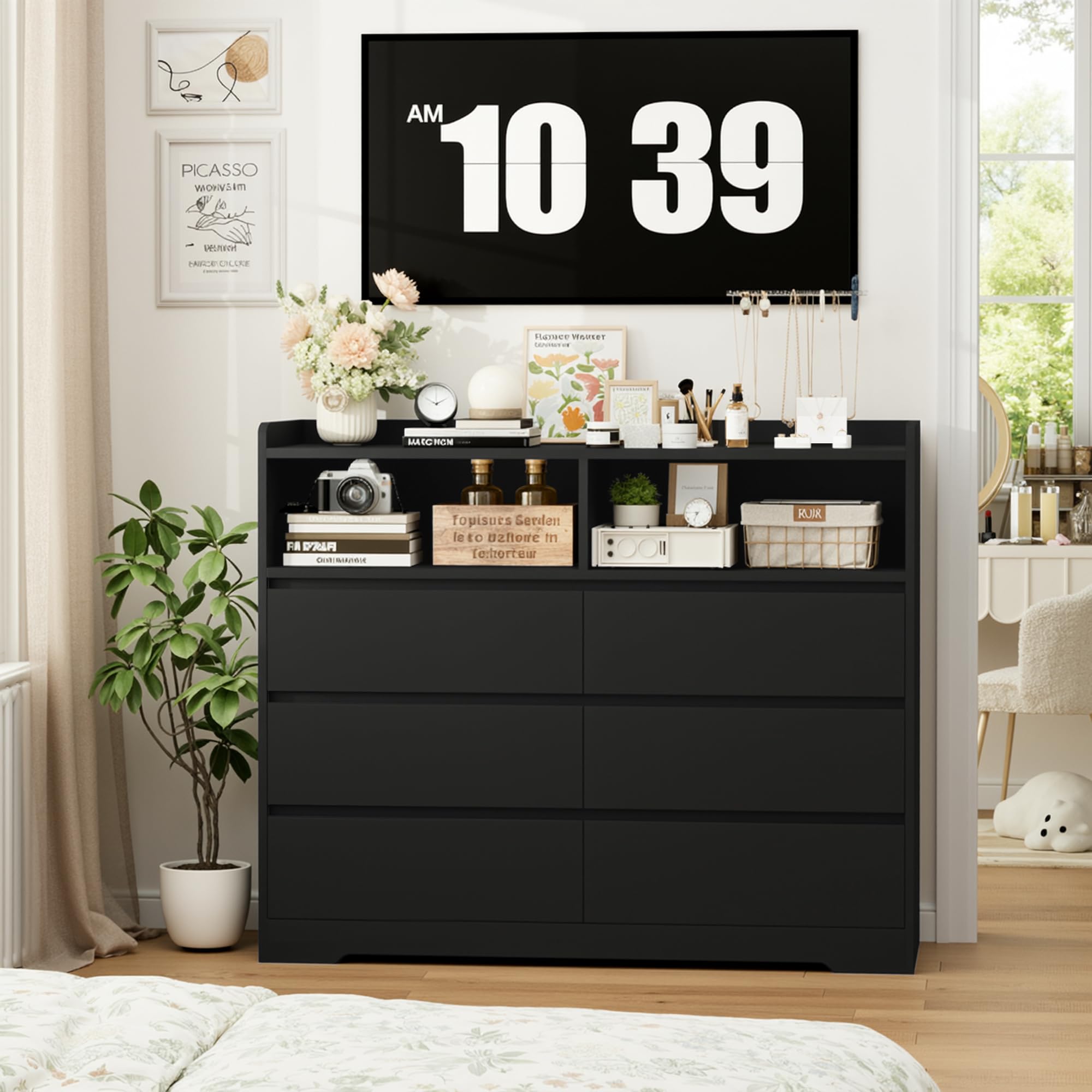 FOREHILL Cassettiera Camera da letto, Cassettiera con 6 Cassetti, Comò con 2 Scomparti Aperti Moderno, per Camera da Letto, Corridoio, Soggiorno, Ufficio, 120x40x100cm (Nero)