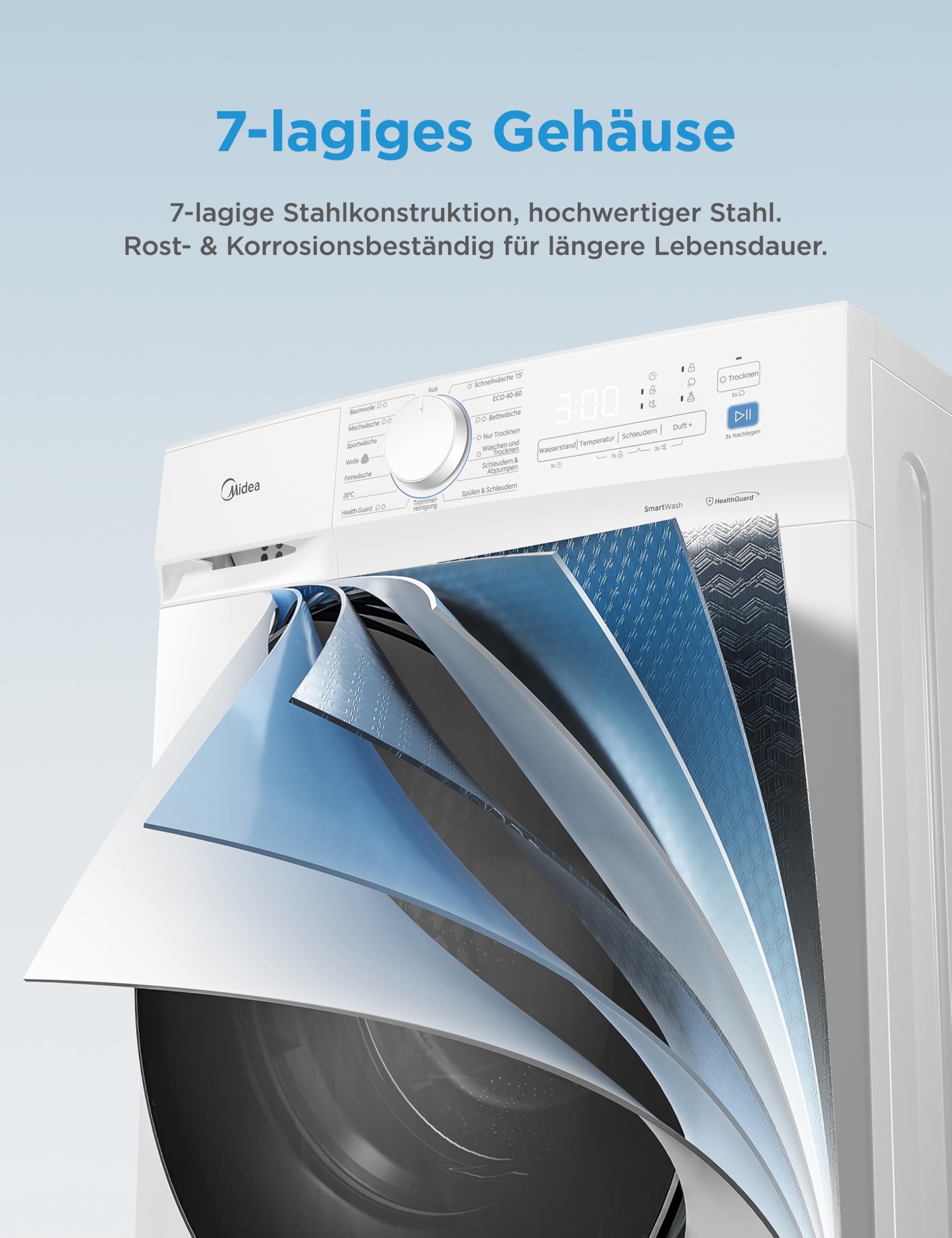 Midea Waschtrockner 8/6 kg EEK A-10% BLDC Inverter Motor weiß MFV3ED80BA10 | Waschen und Trocknen, Woolmark & Sportpflege, 15 Min Schnellwäsche, Steam Wash, Kaltwäsche, 95°C Hygiene, Quick‑Dry