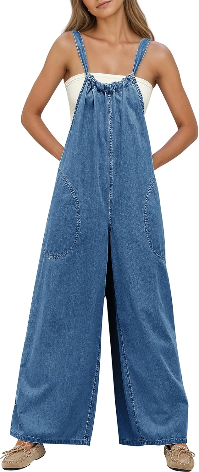 Women's Slouchy Denim Overalls Wide Leg Jumpsuit Casual Adjustable Tie Back Backless Jean Rompers with Pockets