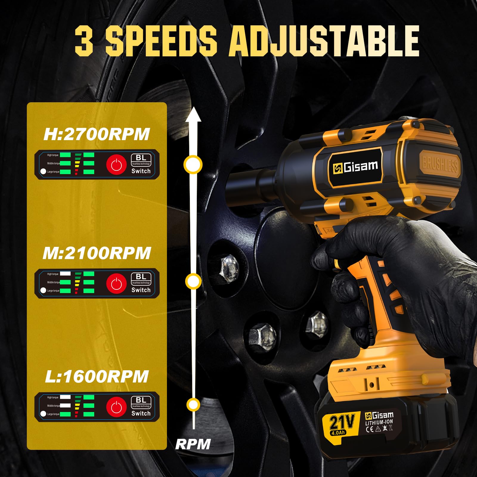 Gisam 1000N.m Llave De Impacto con 8000mAh Baterías, 1/2 Pistola De Impacto Electrica para Coches Camiones,con 5Enchufes, Barra de extensión de 5",Atornillador de Impacto Giratorio Para Coche Tiers