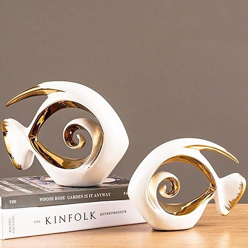 Vista 7 de Figuras de peces de cerámica de oro blanco, estatua de peces de arte abstracto moderno, decoración costera del hogar, esculturas modernas