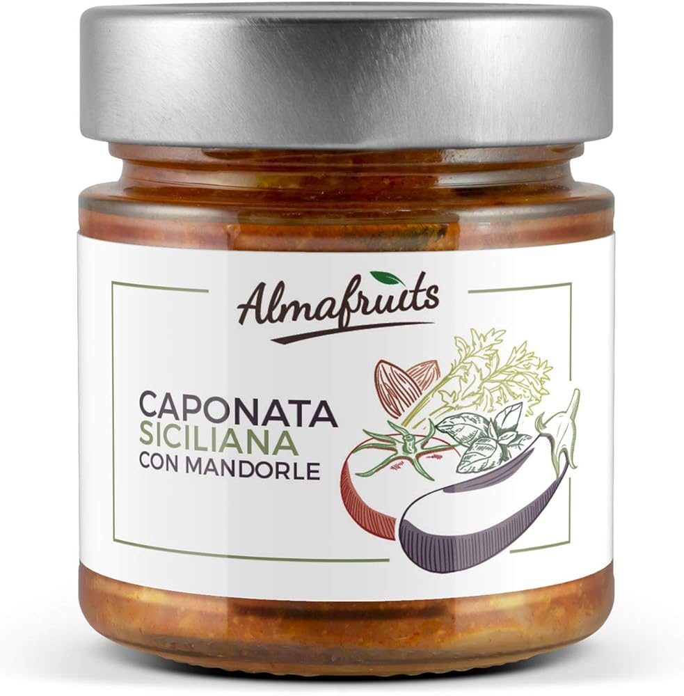 Caponata siciliana con mandorle tostate,240 g,prodotta in sicilia secondo la tradizione
