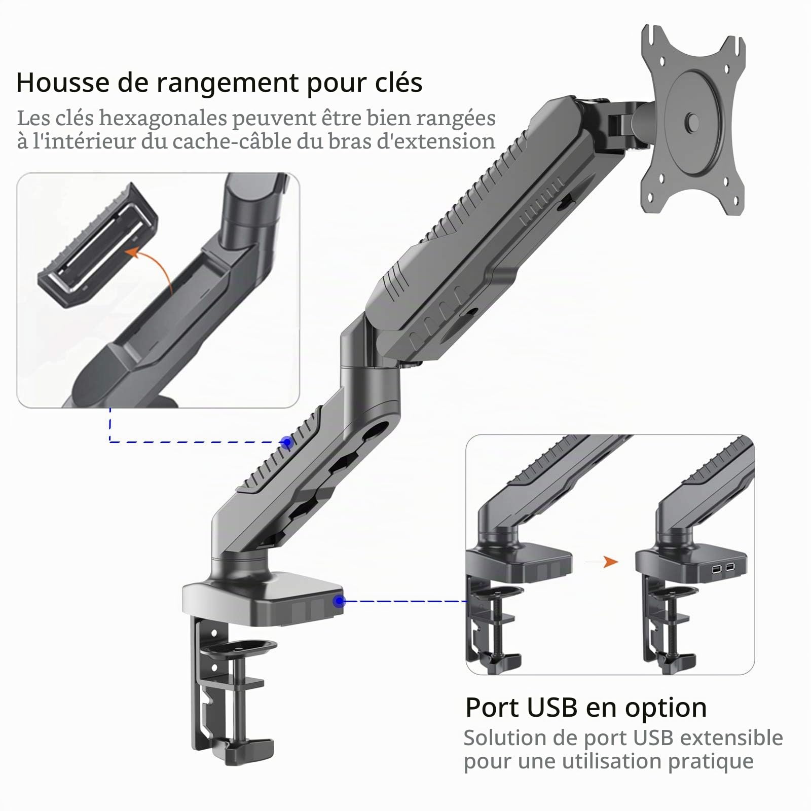 HFTEK - Support de Bureau pour écran pc LCD LED de 15"-34" - VESA de 75 x 75/100 x 100, C Clamp Équipé, Ressort à Gaz, Ergonomique Hauteur Réglable, Charge Max 9kg (HF12GMCB)