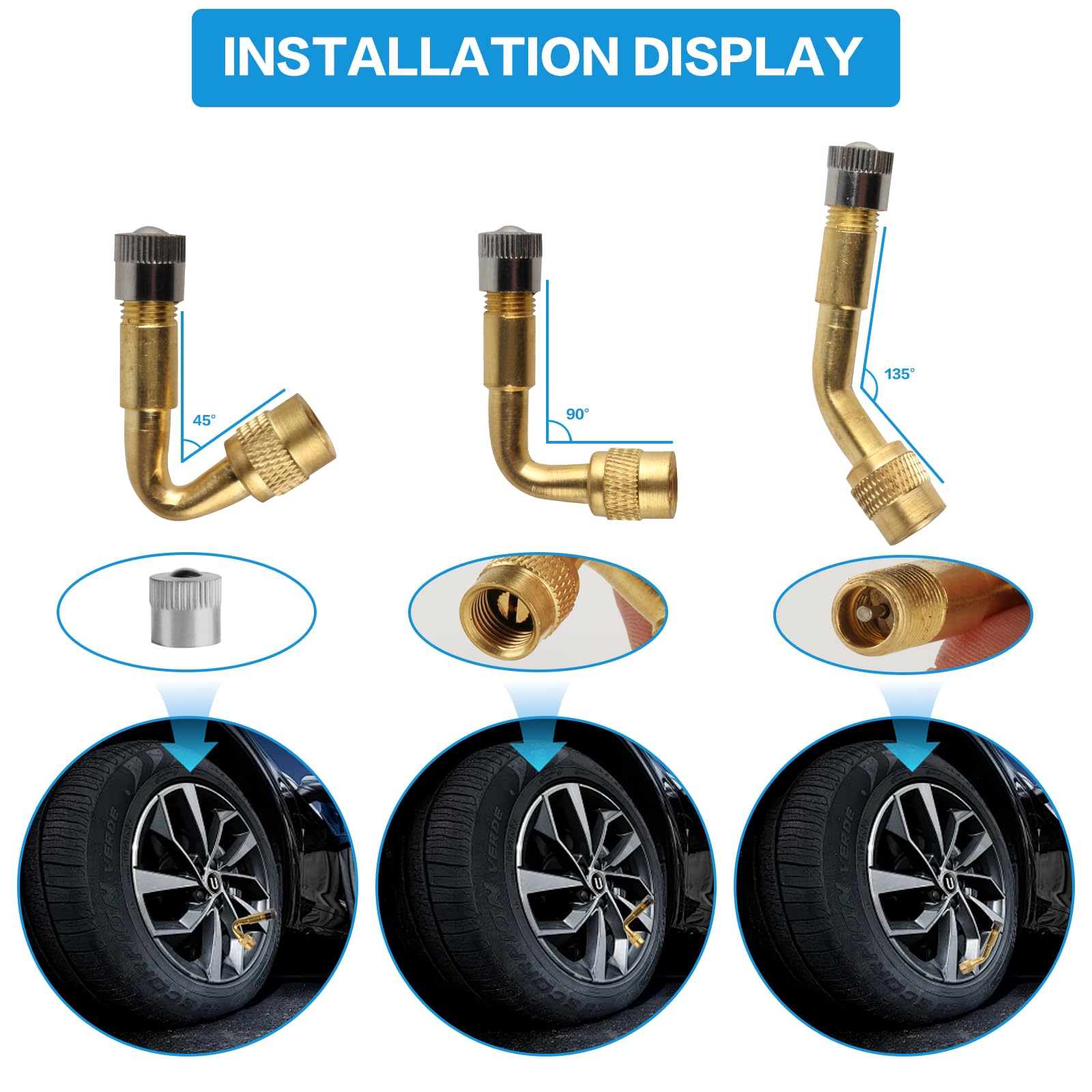 Set di 14 valvole per auto, 6 x 45° 90° 135° per valvola auto, adattatore per valvola angolare, 2 x 10 cm, 6 tappi in metallo, per auto, moto, bicicletta, scooter