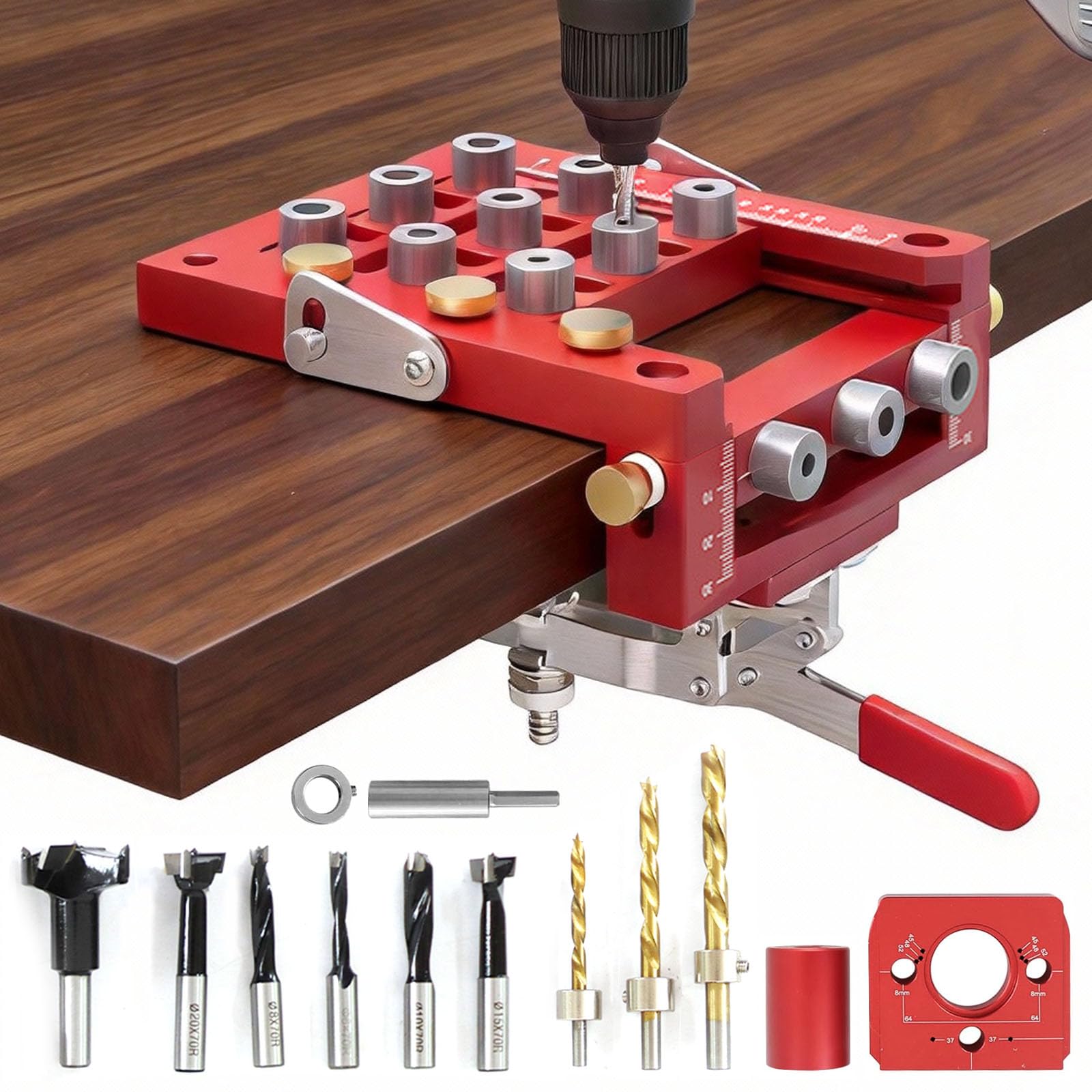 Dima per Spinatura Legno, Dima per Fori a Tasca 2/6/8/10/15/20/35mm Set di Maschere per Fori Tascabili 3 in 1 Perforatore Tascabile Dima di Foratura con Clip di Posizionamento Guida di Perforazione