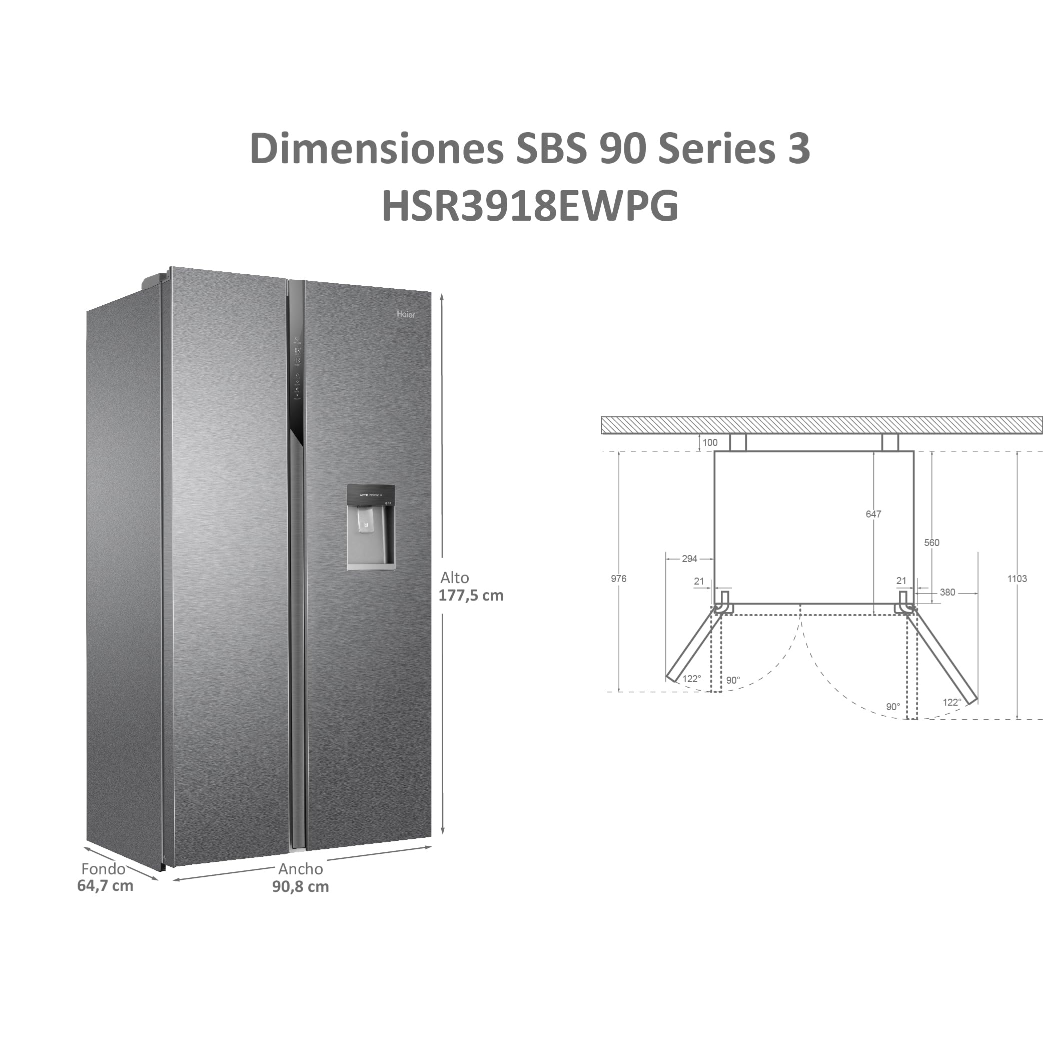 Haier FD 83 Series 7 HB18FGSAAA - Frigorífico, Puerta Francesa, Tecnología Antibacterias, Motor Inverter, My Zone, Humidity Zone, Ancho 83cm, Capacidad XXL, Total No Frost, Cristal Inox