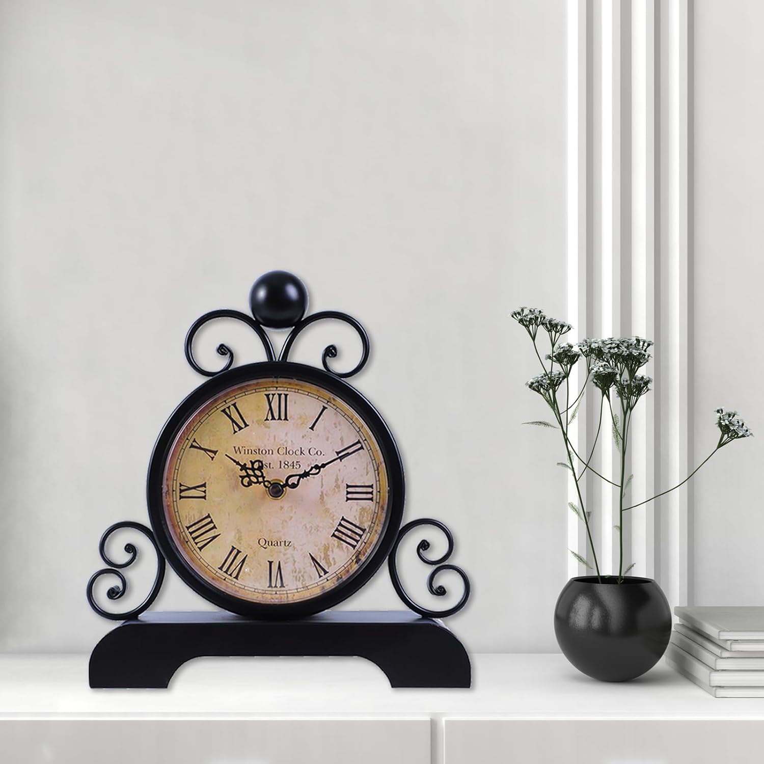 Mantel Clocks Battery Operated Silent Metal Fireplace Clock with Roman Numerals for Living Room Bedroom Office Desktop Decoration (Black)